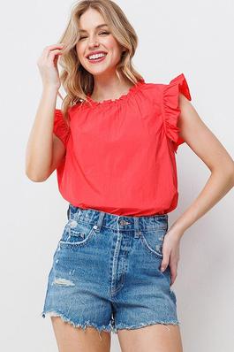 Solid ruffled neckline and shoulder loose-fit top