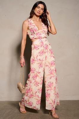 Floral ruffled lace-up back wide-leg jumpsuit