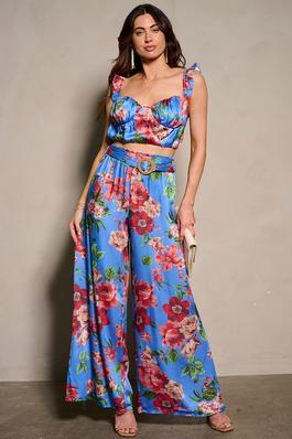 2pc set floral crop top and belted pants