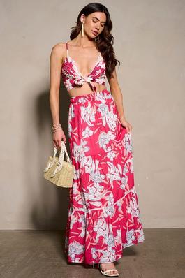2pc set floral tie front crop top and maxi skirt