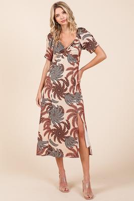 Printed short-sleeve v-neck midi dress