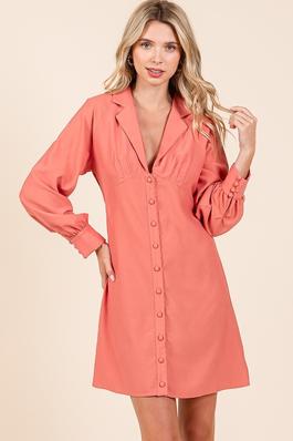 Solid v-neck button-down collared dress