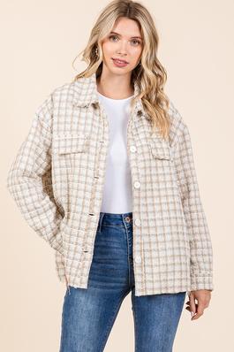 Plaid tweed button-down oversized shacket