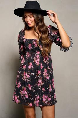 Floral fit-and-flare 3/4 sleeve square neck dress
