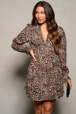 Leopard print v-neck long-sleeve dress