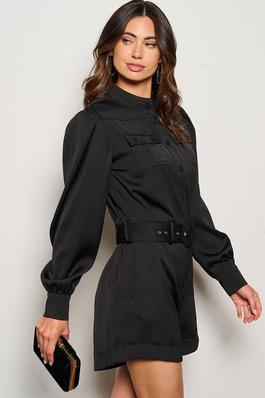 Solid button-down long-sleeve romper