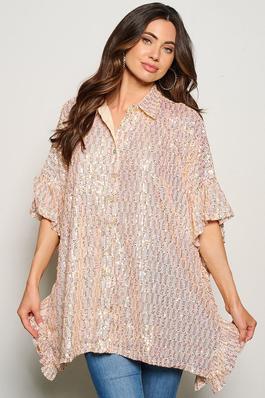 Sequin ruffled side button-down tunic