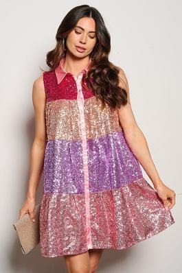 Sequin colorblock sleeveless button-down dress