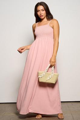 Solid smocked maxi dress with side pockets