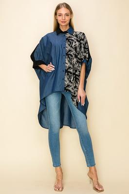 DENIM AND EMBROIDERY MULTI FABRIC BLOUSE
