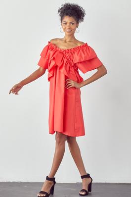 OFF SHOULDER DRESS WITH RUFFLE DETAIL