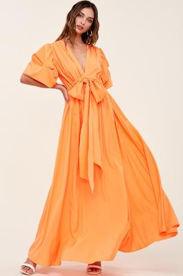 V NECK MAXI DRESS WITH PUFF SLEEVES