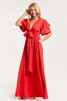V NECK MAXI DRESS WITH PUFF SLEEVES