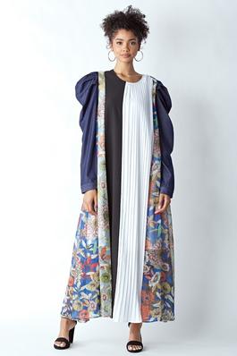 MIXED MATERIAL DRESS WITH PUFFED DENIM SLEEVES