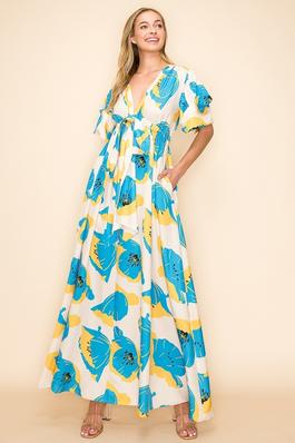 V NECK FLORAL PRINTED MAXI DRESS WITH POCKETS