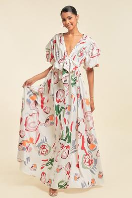V NECK FLORAL PATTERNED MAXI DRESS WITH POKEETS