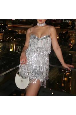 Hip-covering sleeveless suspender skirt sexy sequined glitter tassel dress