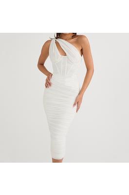 Sexy dress with slanted shoulders, hollow pleated backless midi skirt that covers the buttocks