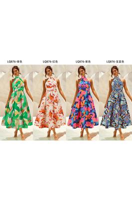 Sexy stand-up collar sleeveless printed skirt cross-border foreign trade women's new mid-length dres