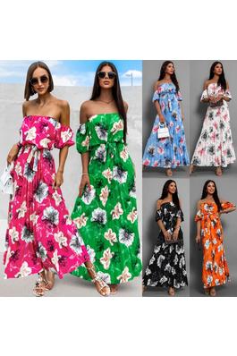 Sexy one-line collar pleated printed shoulder sleeve summer printed long dress