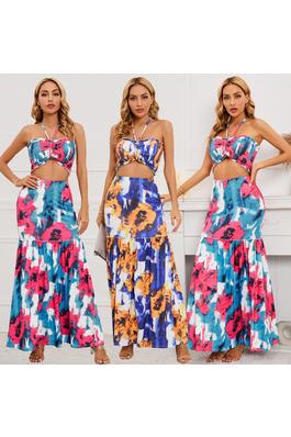 Sexy bohemian print dress, cable halter top + hip-hugging fishtail skirt two-piece set