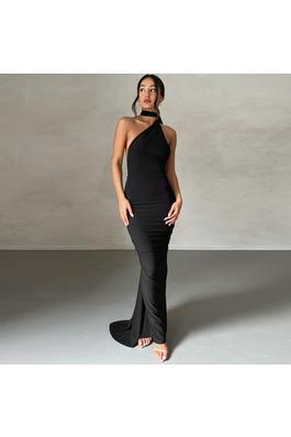 Sexy backless pleated slim solid color sleeveless elegant dress