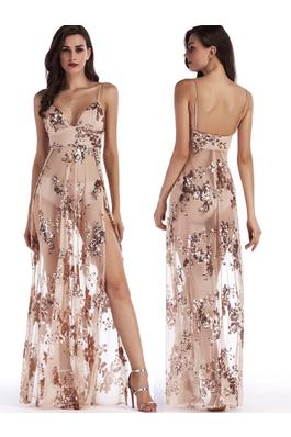 Sexy V-neck suspender see-through sequined long dress