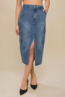 Denim Skirt with Front Slit Detail Cargo Pockets
