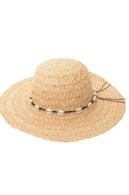 Raffia straw floppy sun hat with string seashells