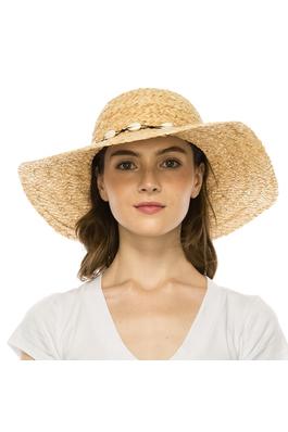 Raffia straw floppy sun hat with string seashells