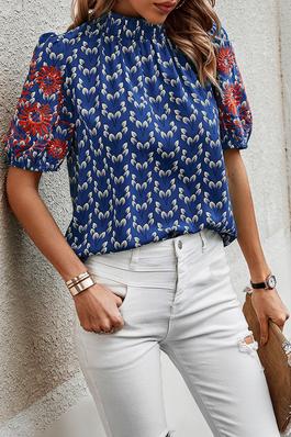 Floral Mock Neck Puff Sleeve Loose Blouse