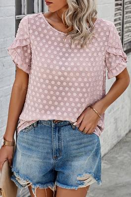 Swiss Dot Round Neck Ruffle Loose Solid Top