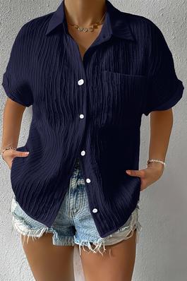 Plus Size Button Down Pocket Ruched Solid Blouse
