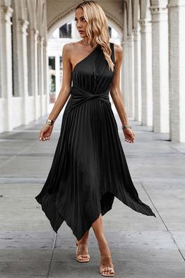Wave Cut One Shoulder Solid Pleated Dress