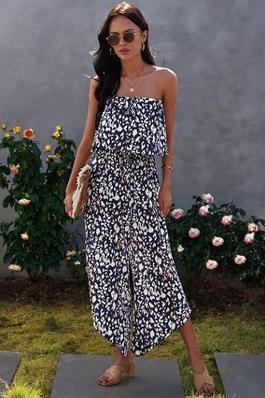 Strapless Ruffled Graphic Jumpsuit
