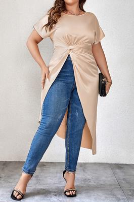 Solid Round Neck Loose Plus Size Knot Shirt