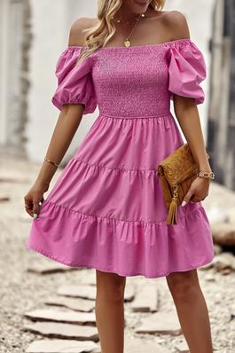 Squar Neck Ruched Puff Sleeve Solid Dress