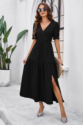 Solid V Neck Ruched High Waist Puff Sleeve Dress