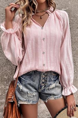 Button V Neck Ruffle Sleeve Solid Blouse
