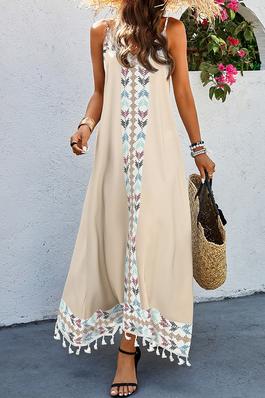 Asymmetric Hem Tassel Sleeveless Print Full Dress