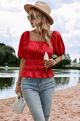 Square Neck Ruched Puff SleeveTop