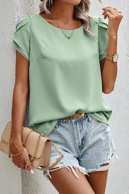 Round Neck Soild Loose Fit Puff Sleeves Blouse