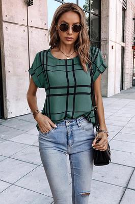 Round Neck Plaid Loose Fit Wide Sleeves Top