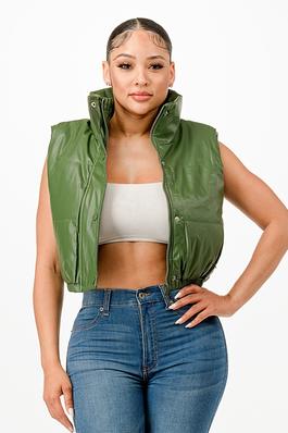 FAUX LEATHER CROPPED PUFFER VEST