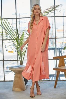 Solid Short Sleeve Button Down Dress