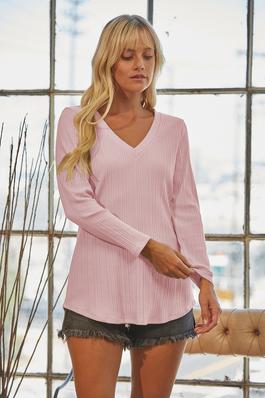 V Neck Solid Ribbed Knit Essential Top Pink