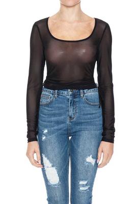 MESH SCOOP NECK LONG SLEEVE CROPPED TOP W KEY HOLE