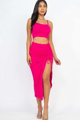 Cami Crop Top and Ruched Side Split Midi Skirt Set