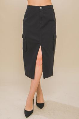 Denim Midi Skirt Front Slit Side Pockets