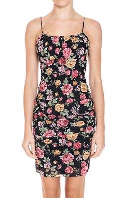 MESH FLORAL RUCHED CAMI MINI BODYCON DRESS